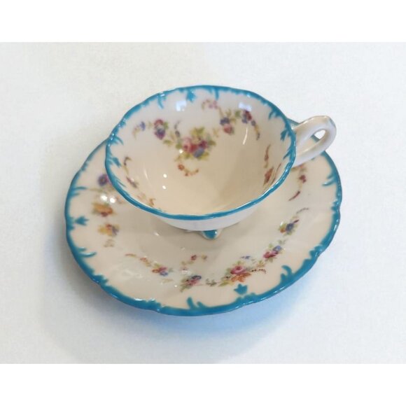 Vintage Cauldon demitasse teal accents, floral tea cup and saucer - Picture 1 of 5